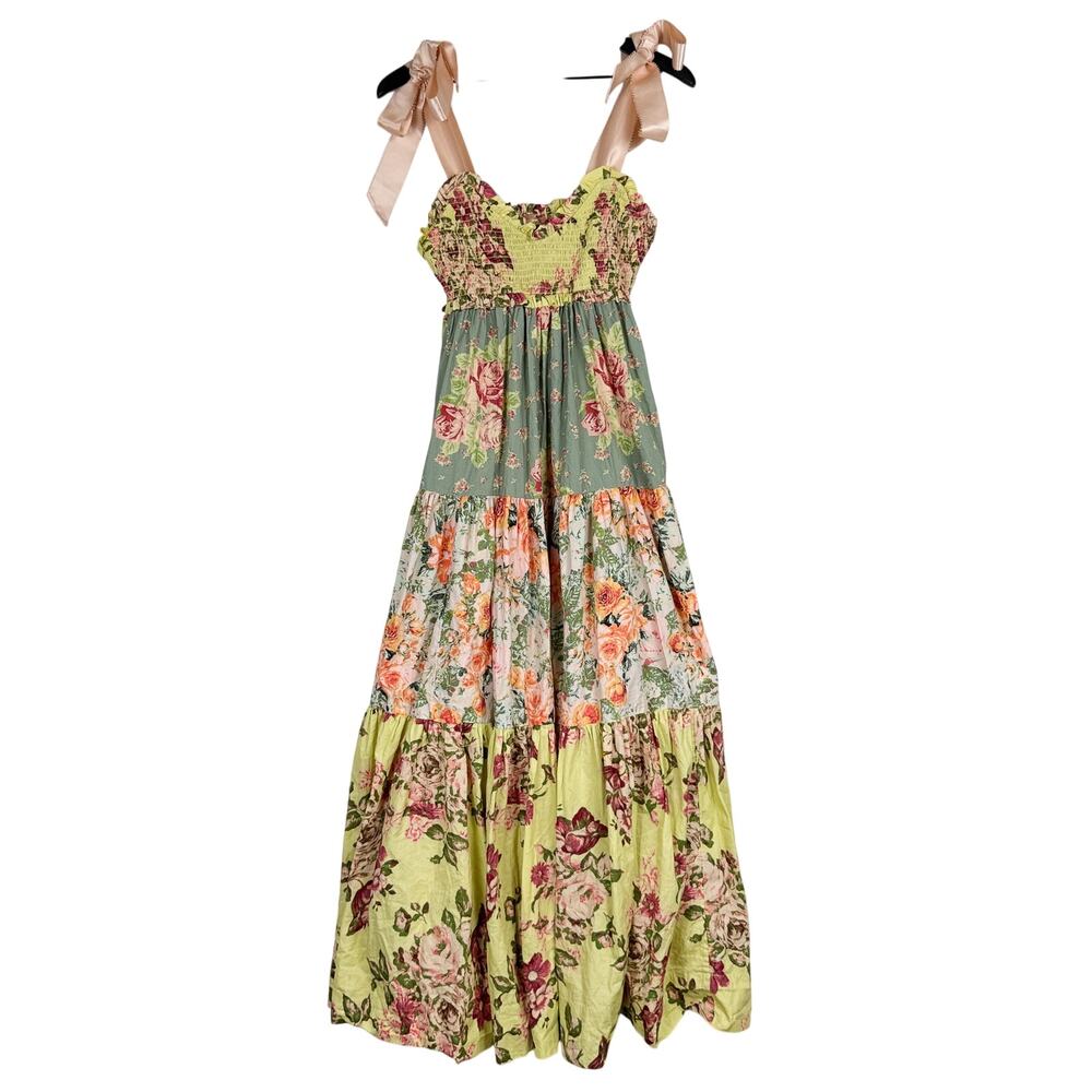 New Free People Maxi Dress Tiered Floral Patchwork $168 Ribbon Straps - S